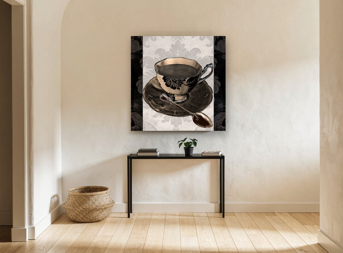 Damask Coffee Cup kitchen canvas print on the wall of a hallway
