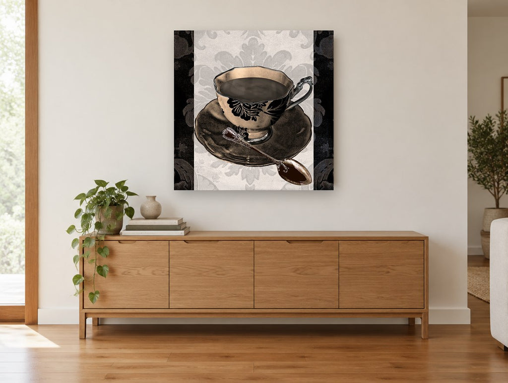 Damask Coffee Cup kitchen canvas print on the wall of a living room above a sideboard