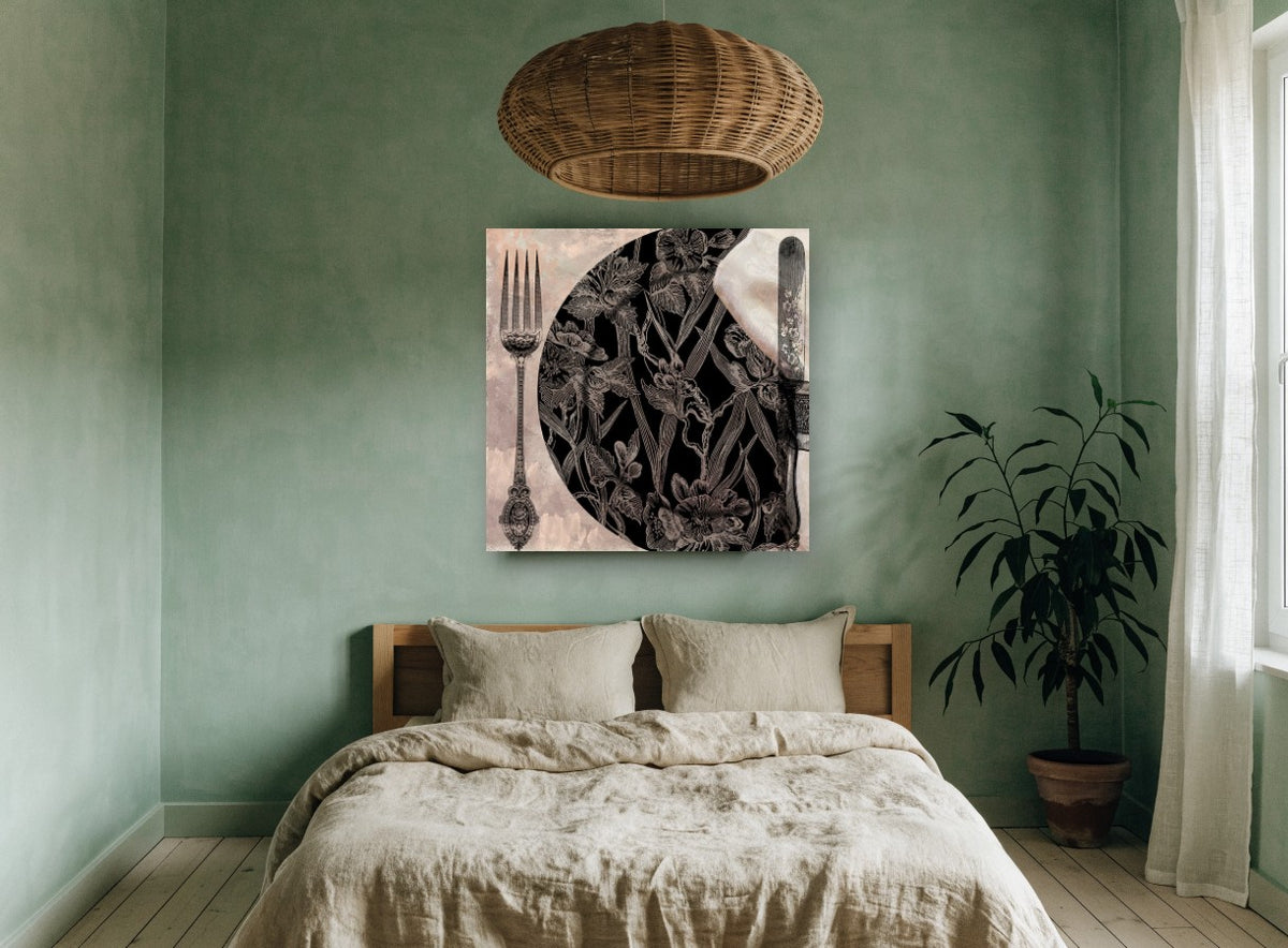 Botanical Place Setting vintage canvas print on the wall of a bedroom
