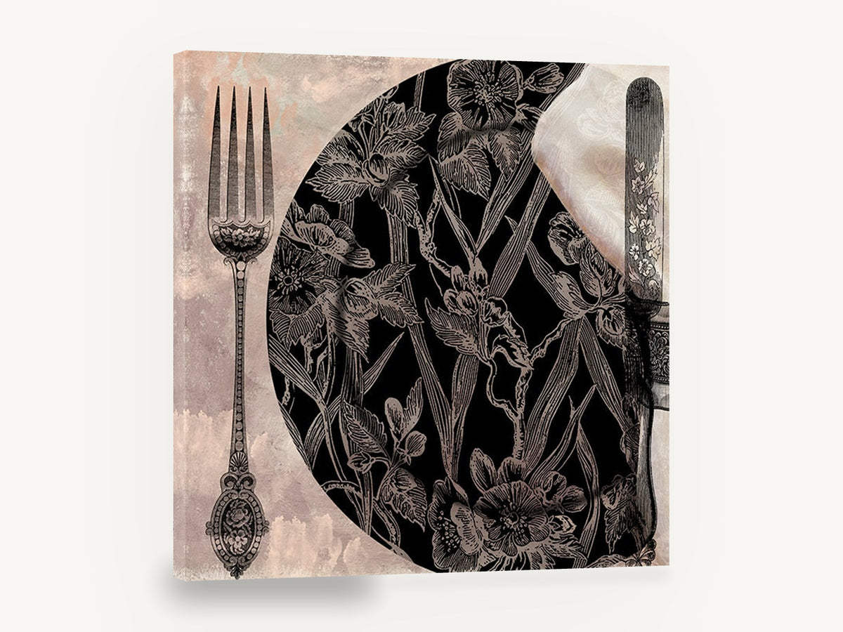 Botanical Place Setting, vintage botanical dinner plate, stretched canvas wall art print ready to hang