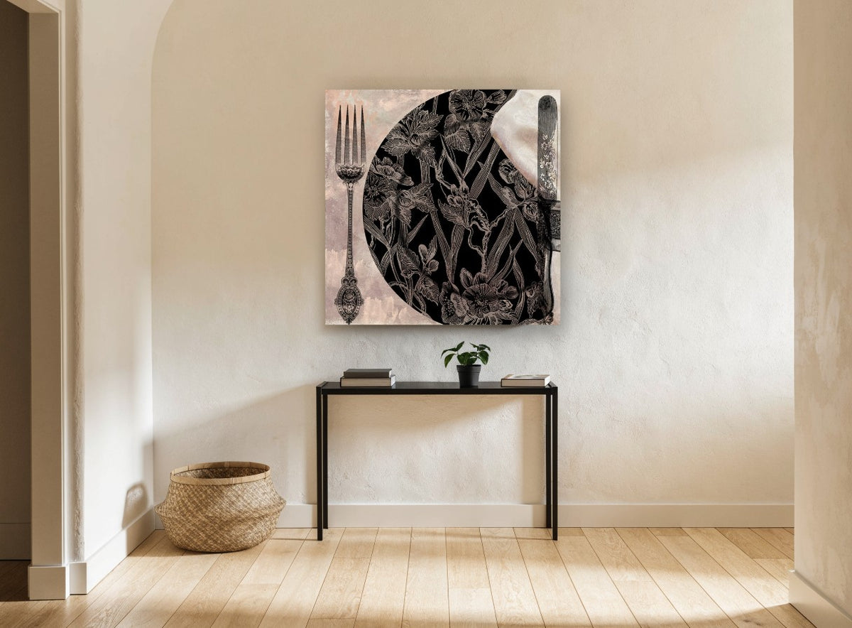 Botanical Place Setting vintage canvas print on the wall of a hallway