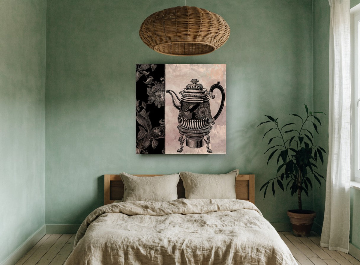 Teapot and Floral Panel vintage canvas print on the wall of a bedroom