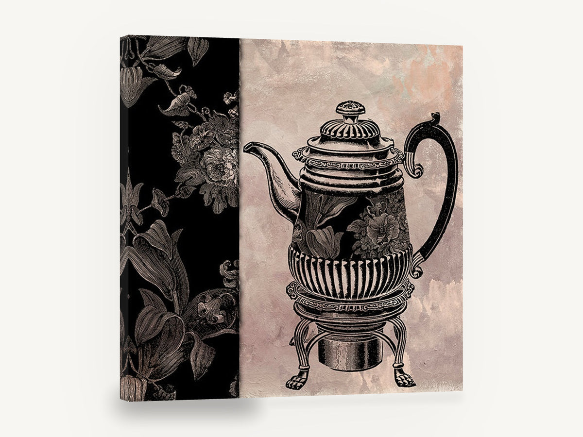 Teapot and Floral Panel, vintage engraved teapot kitchen, stretched canvas wall art print ready to hang