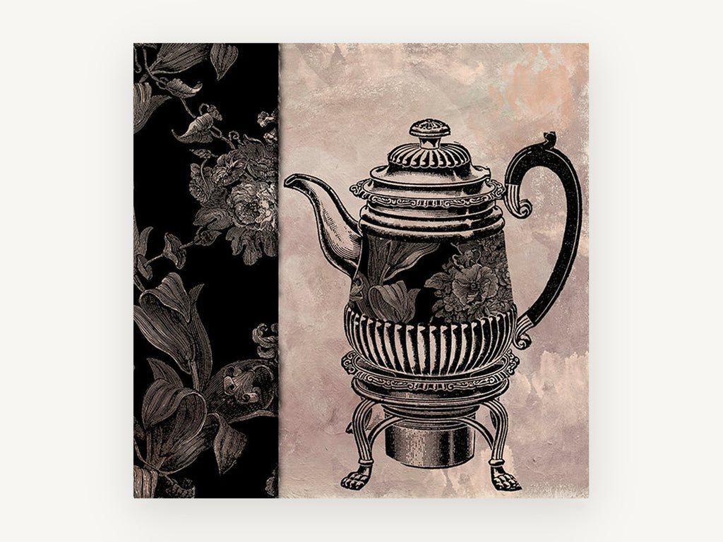 Teapot and Floral Panel, vintage canvas wall art print, front view