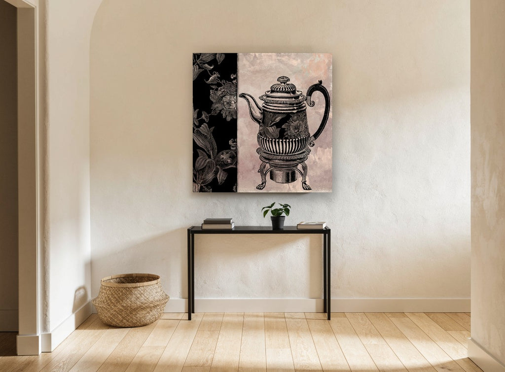 Teapot and Floral Panel vintage canvas print on the wall of a hallway