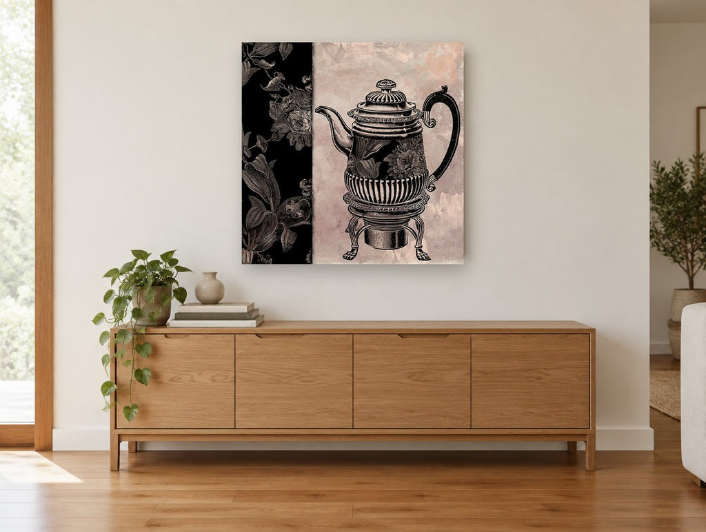 Teapot and Floral Panel vintage canvas print on the wall of a living room above a sideboard