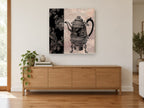 Teapot and Floral Panel vintage canvas print on the wall of a living room above a sideboard