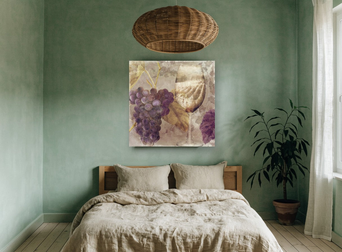 Vineyard Glass floral canvas print on the wall of a bedroom