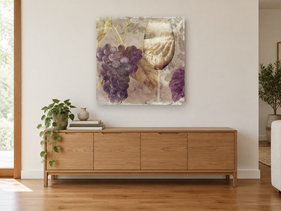 Vineyard Glass floral canvas print on the wall of a living room above a sideboard