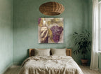 Vineyard Bottle and Grapes floral canvas print on the wall of a bedroom