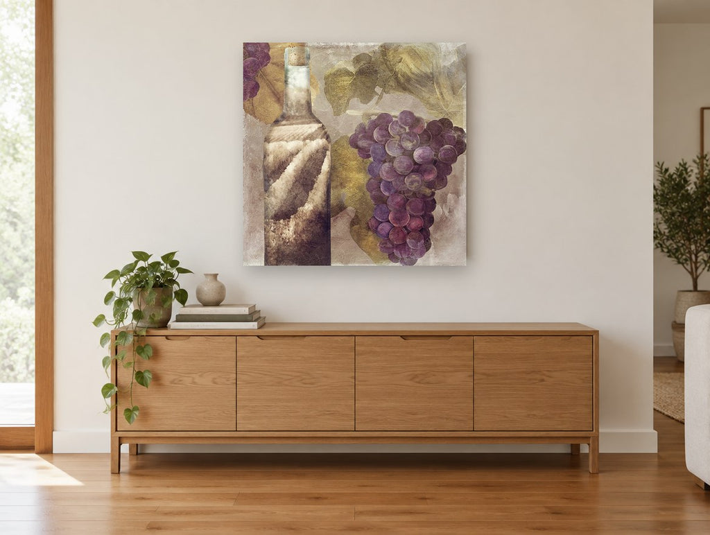 Vineyard Bottle and Grapes floral canvas print on the wall of a living room above a sideboard