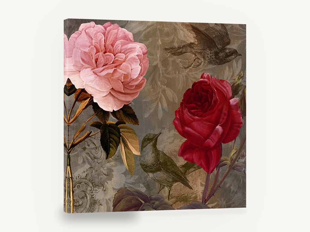 Roses and Songbirds, pink and red roses with birds, floral canvas wall art print ready to hang