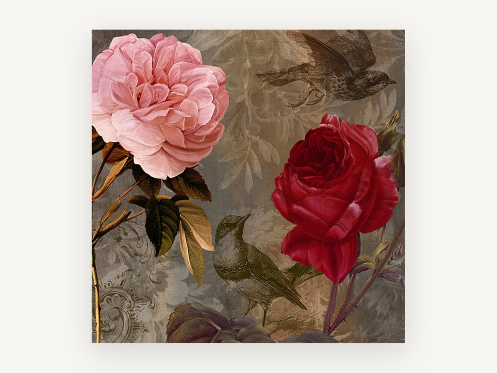 Roses and Songbirds, floral canvas wall art print, front view