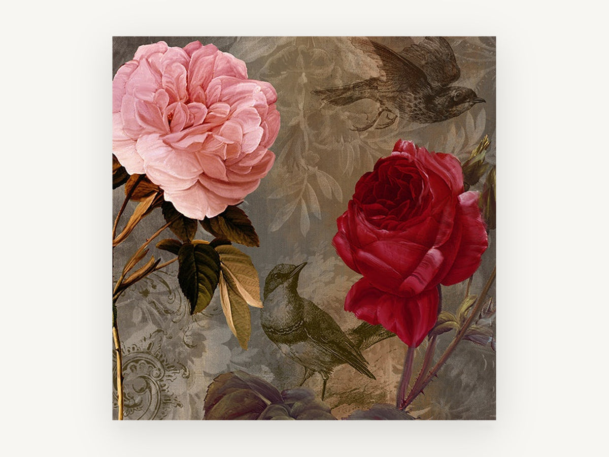 Roses and Songbirds, floral canvas wall art print, front view