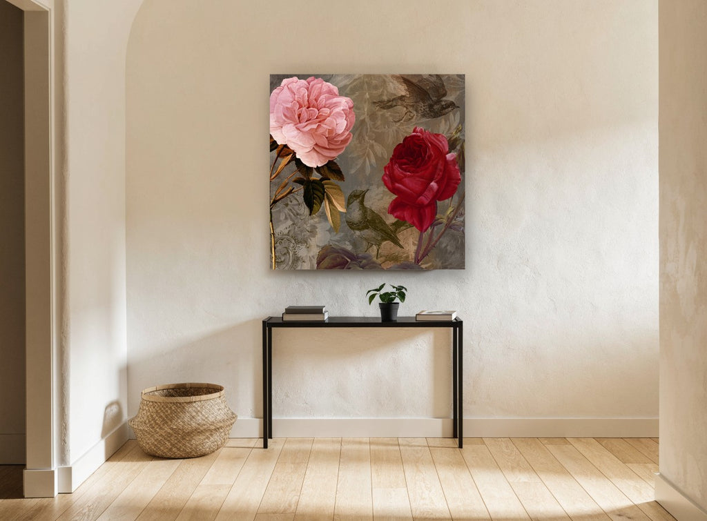 Roses and Songbirds floral canvas print on the wall of a hallway