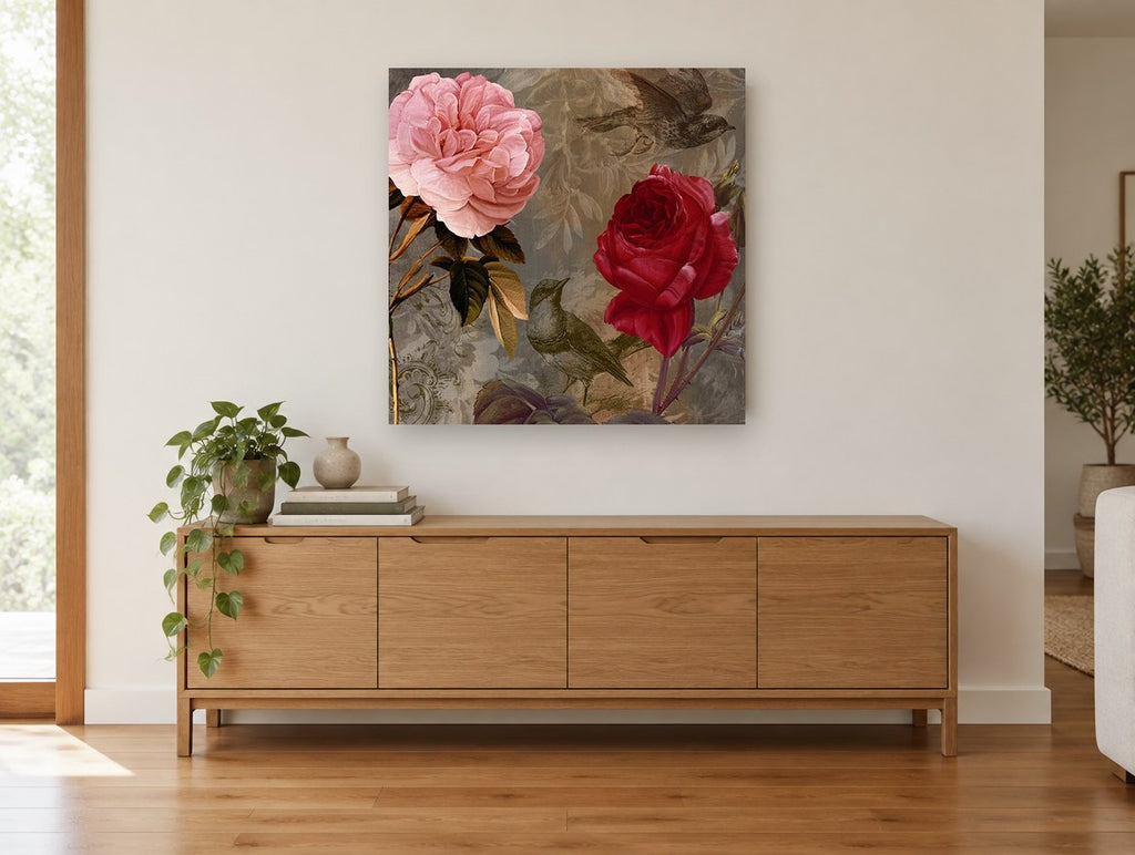 Roses and Songbirds floral canvas print on the wall of a living room above a sideboard