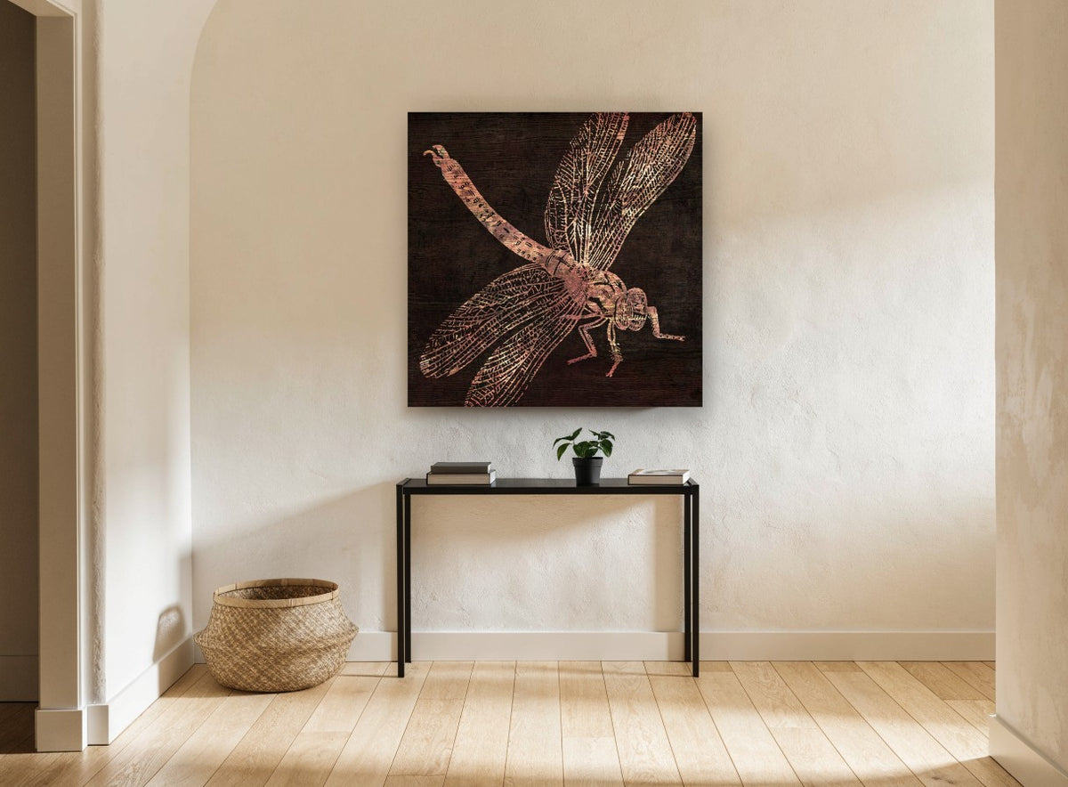 Copper Dragonfly on Timber animal canvas print on the wall of a hallway