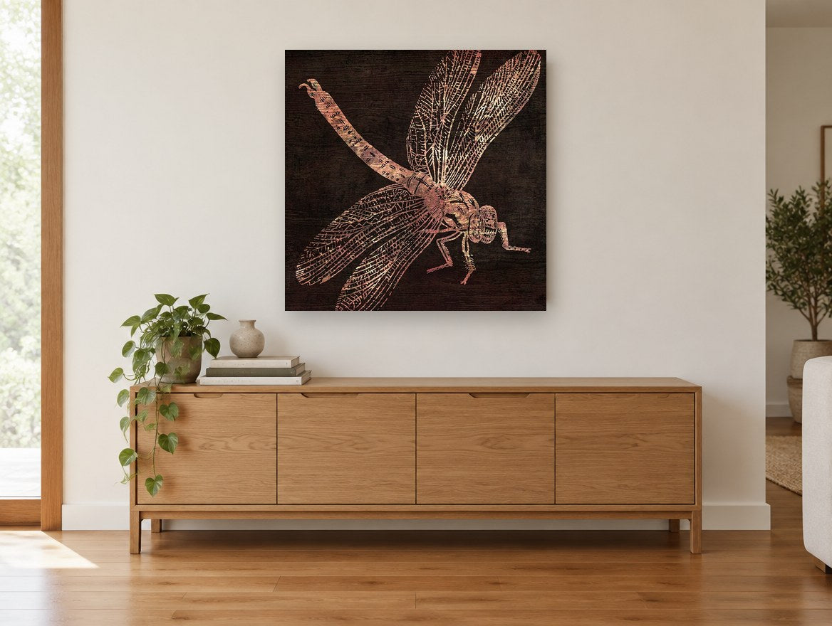 Copper Dragonfly on Timber animal canvas print on the wall of a living room above a sideboard