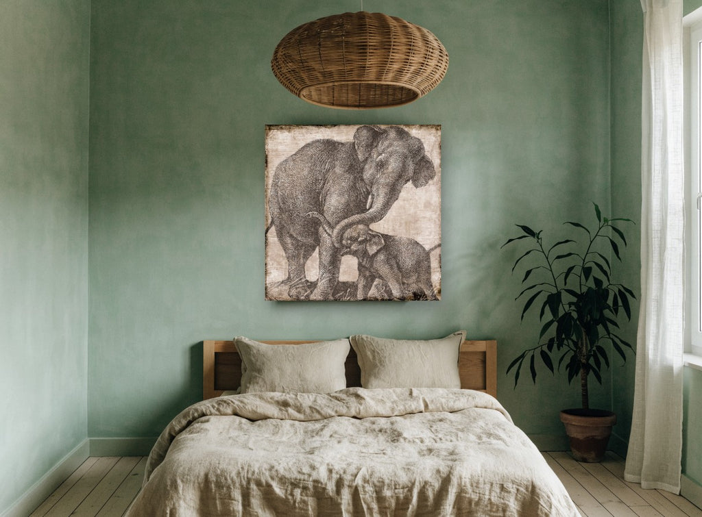 Elephant Mother and Calf animal canvas print on the wall of a bedroom