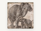 Elephant Mother and Calf, vintage elephant etching, animal canvas wall art print, front view