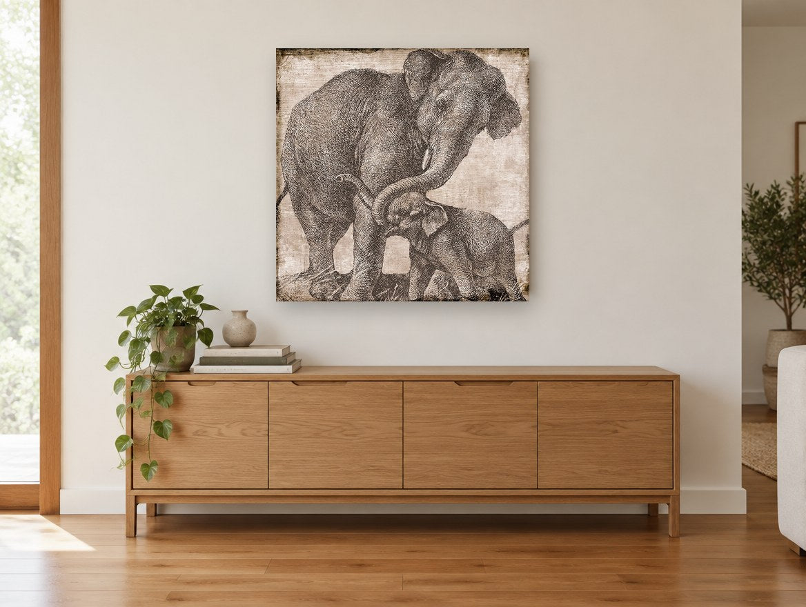 Elephant Mother and Calf animal canvas print on the wall of a living room above a sideboard