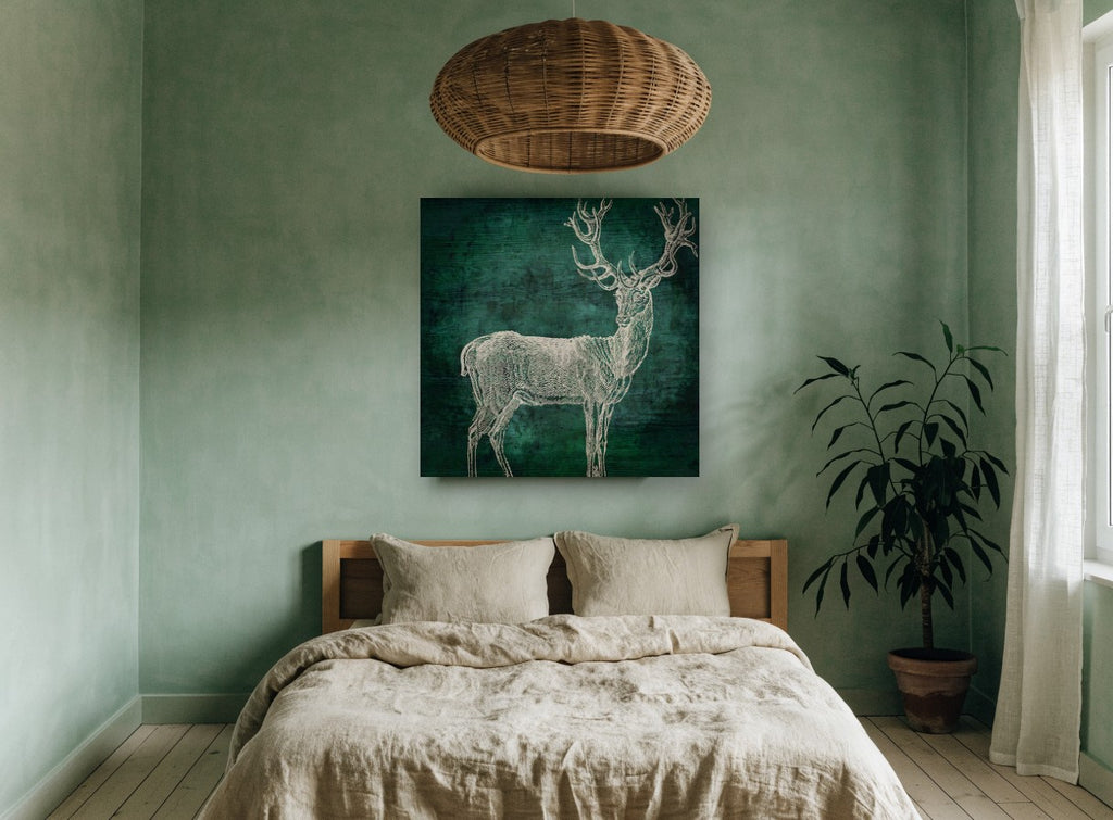Emerald Woodgrain Stag animal canvas print on the wall of a bedroom