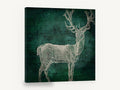 Emerald Woodgrain Stag, vintage stag engraving on green, animal canvas wall art print ready to hang