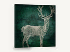Emerald Woodgrain Stag, vintage stag engraving on green, animal canvas wall art print ready to hang