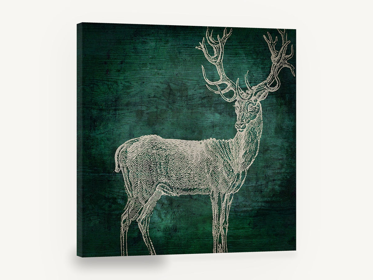 Emerald Woodgrain Stag, vintage stag engraving on green, animal canvas wall art print ready to hang