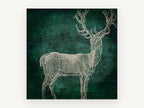 Emerald Woodgrain Stag, vintage stag engraving on green, animal canvas wall art print, front view