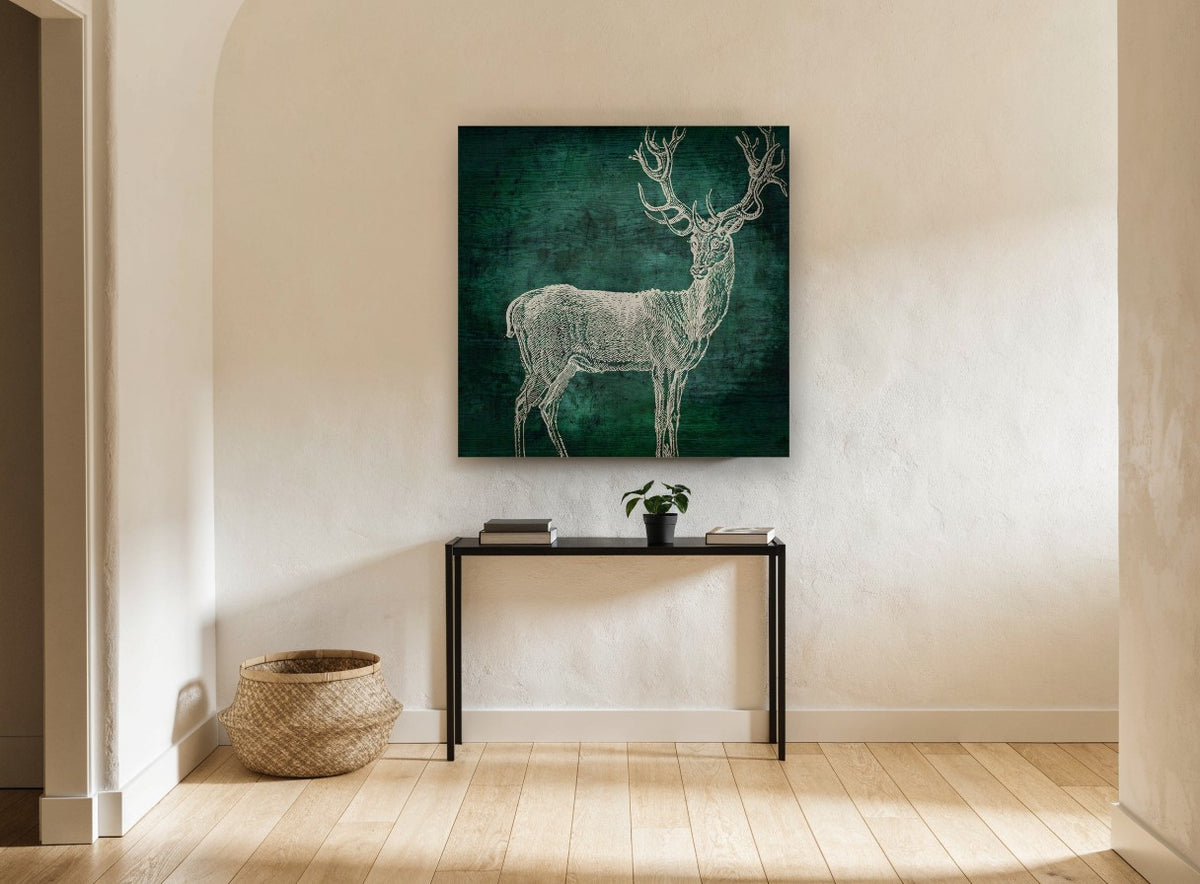 Emerald Woodgrain Stag animal canvas print on the wall of a hallway