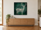 Emerald Woodgrain Stag animal canvas print on the wall of a living room above a sideboard