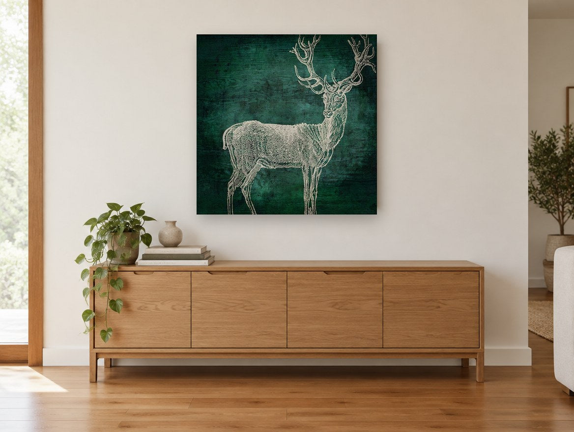 Emerald Woodgrain Stag animal canvas print on the wall of a living room above a sideboard