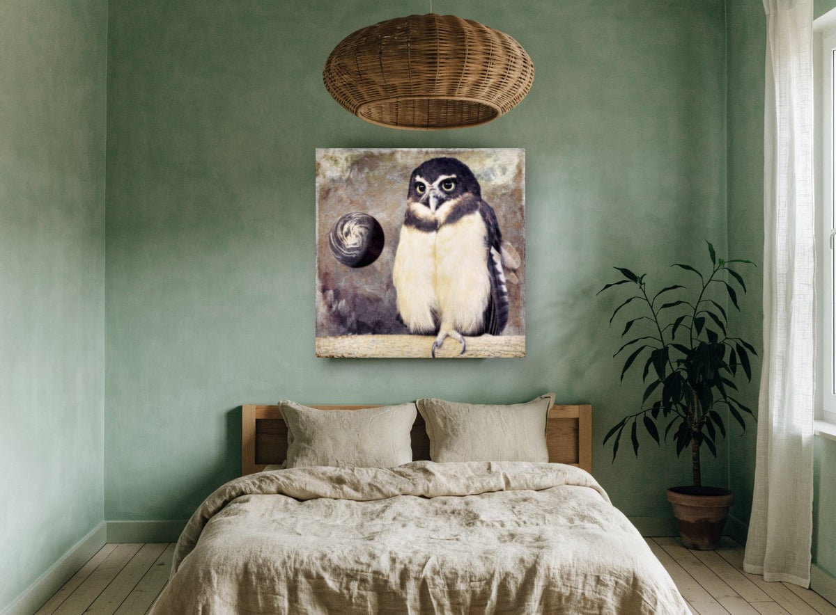 Spectacled Owl and Moon animal canvas print on the wall of a bedroom
