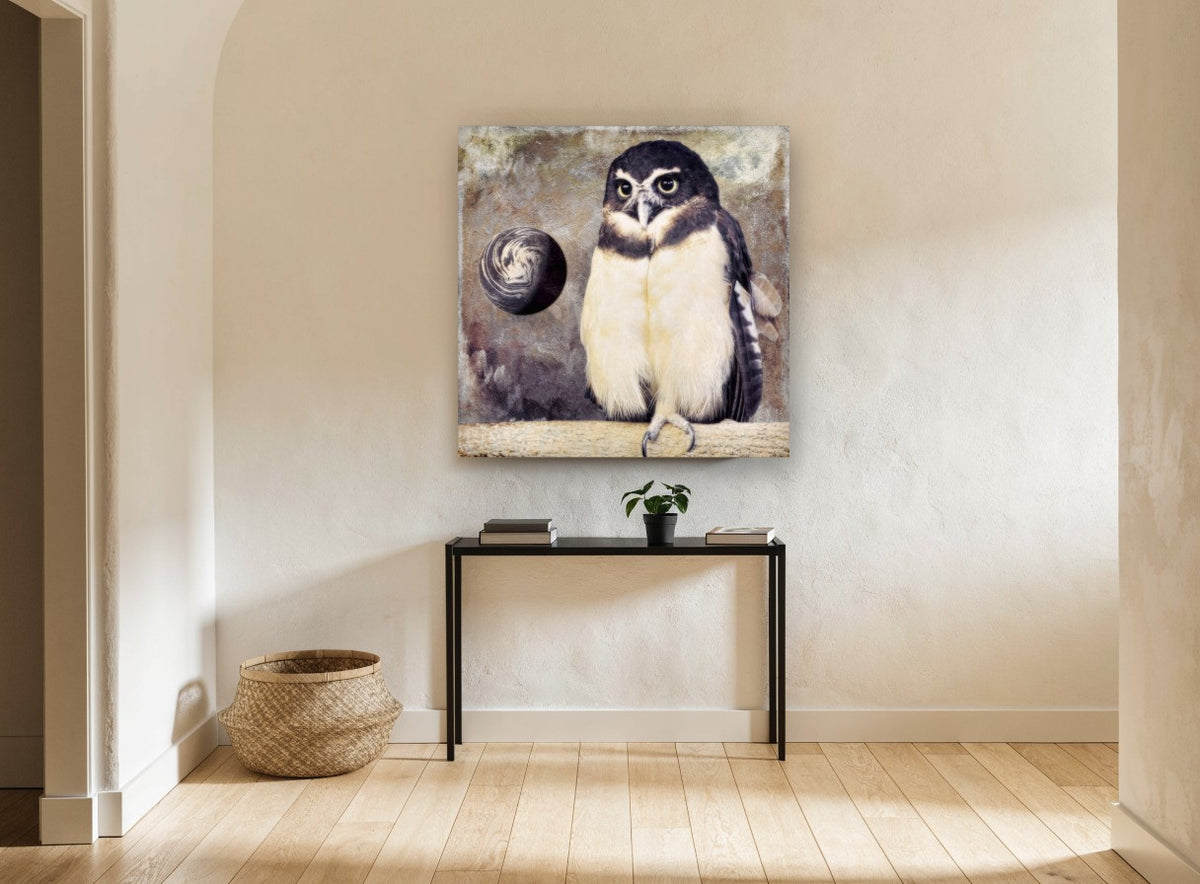 Spectacled Owl and Moon animal canvas print on the wall of a hallway