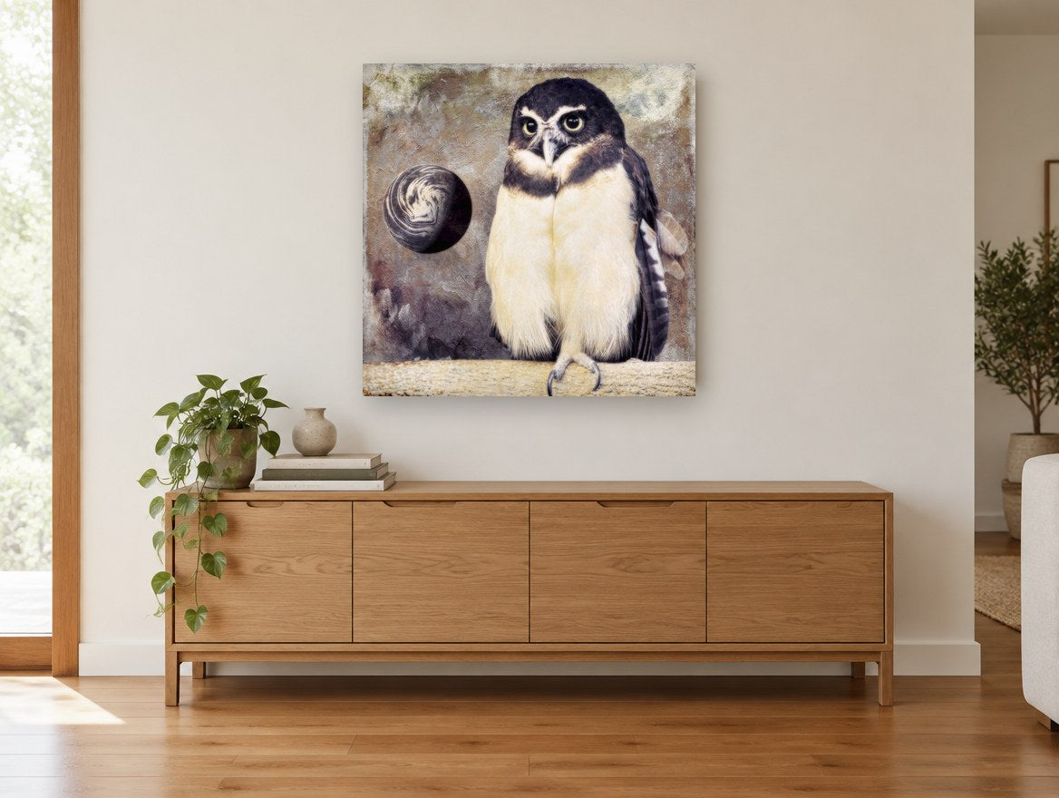 Spectacled Owl and Moon animal canvas print on the wall of a living room above a sideboard