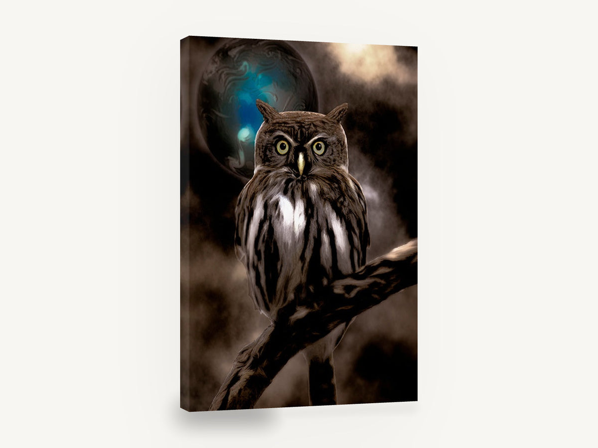 Owl Beneath the Teal Moon, night owl digital artwork portrait, animal canvas wall art print ready to hang