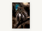 Owl Beneath the Teal Moon, night owl digital artwork portrait, animal canvas wall art print, front view
