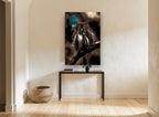 Owl Beneath the Teal Moon animal canvas print on the wall of a hallway
