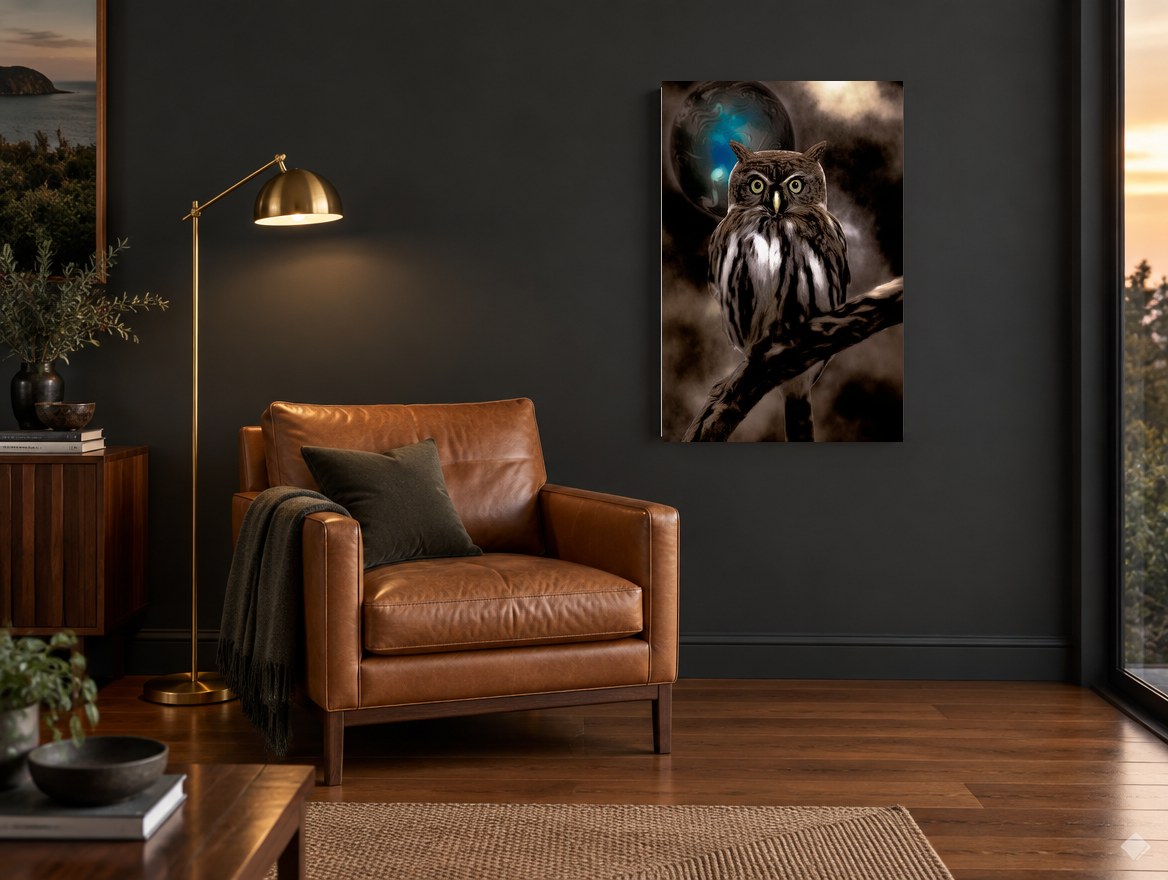 Owl Beneath the Teal Moon animal canvas print on the wall of a charcoal living room