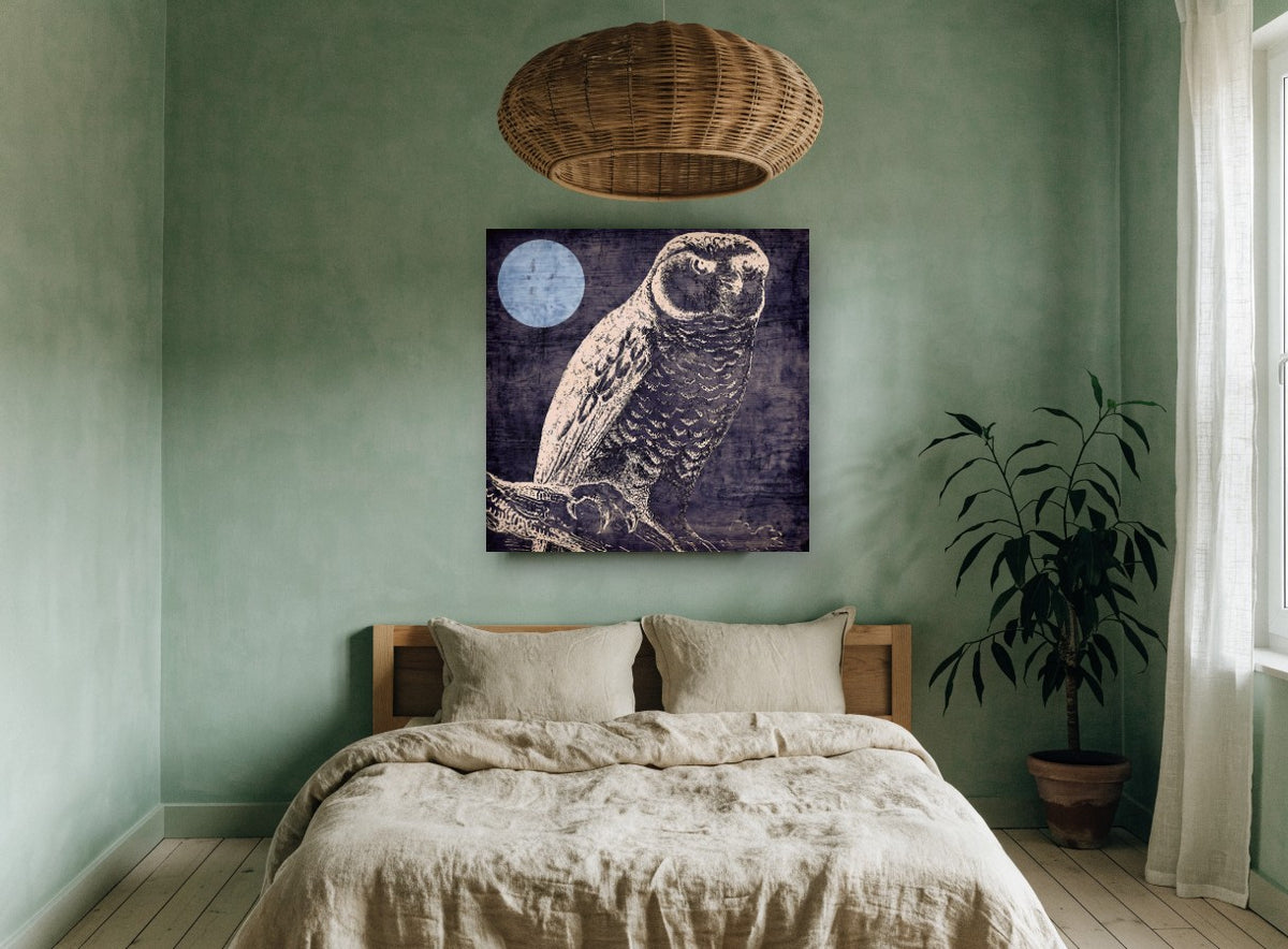 Owl Under Pale Moon animal canvas print on the wall of a bedroom