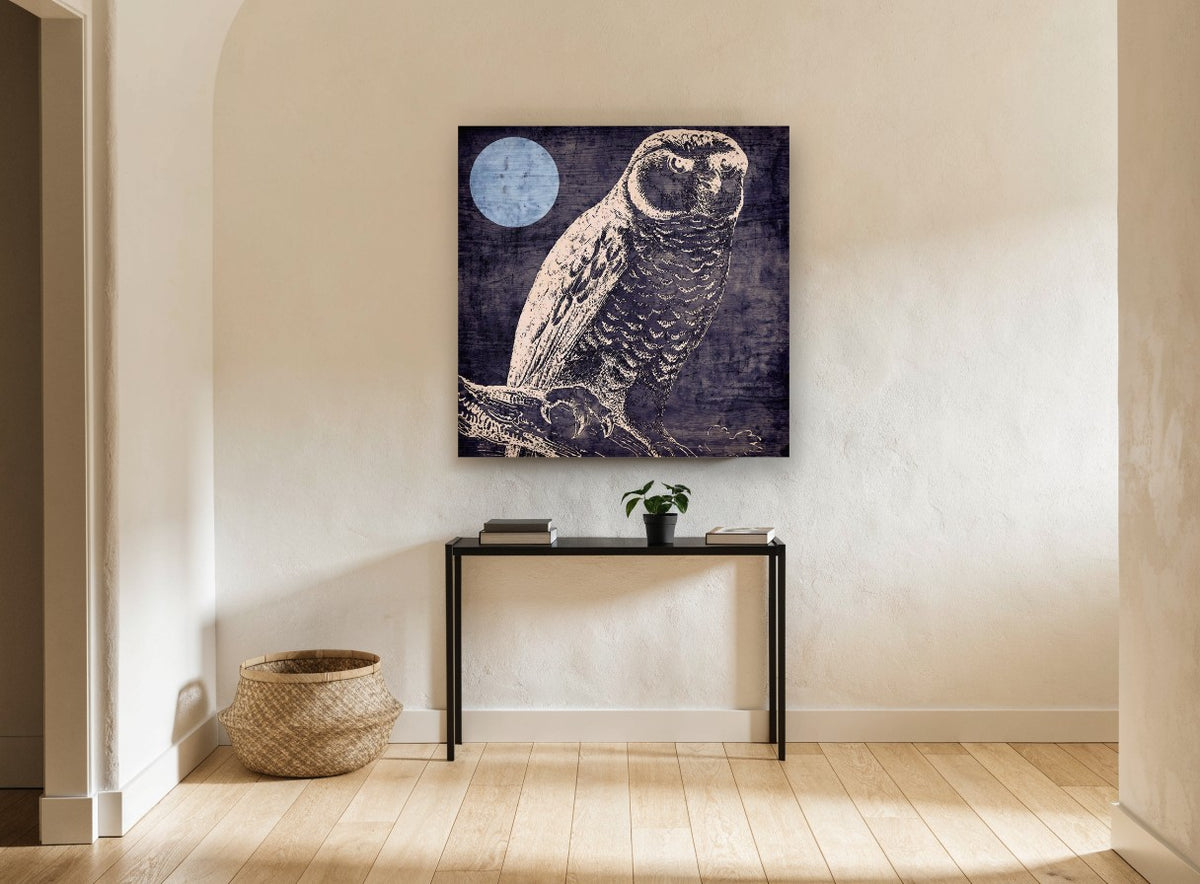 Owl Under Pale Moon animal canvas print on the wall of a hallway