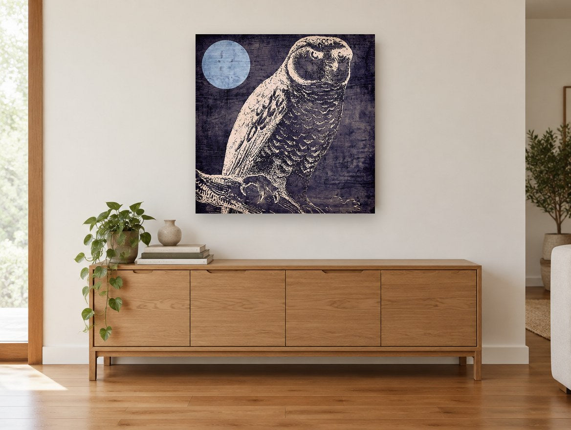 Owl Under Pale Moon animal canvas print on the wall of a living room above a sideboard