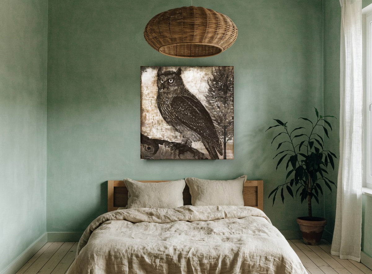 Etched Horned Owl animal canvas print on the wall of a bedroom