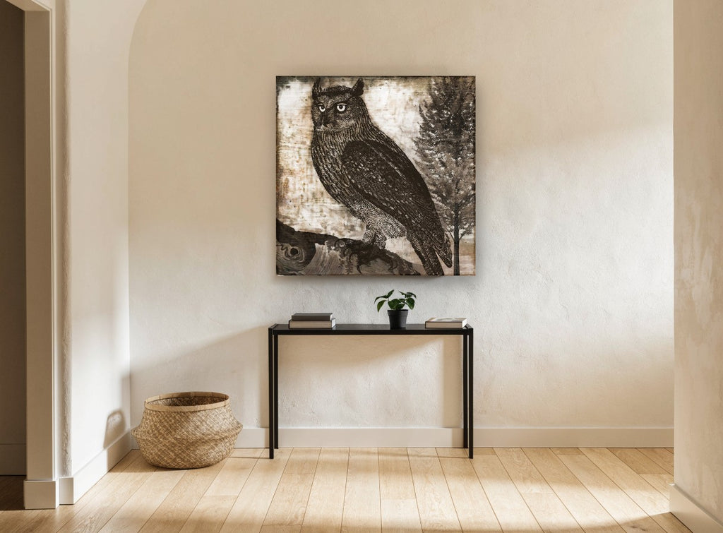 Etched Horned Owl animal canvas print on the wall of a hallway
