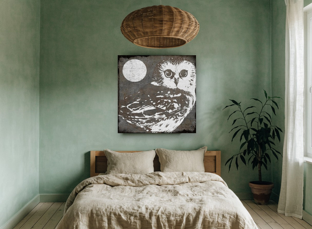 Moonlit Woodgrain Owl animal canvas print on the wall of a bedroom