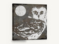 Moonlit Woodgrain Owl, owl and moon woodgrain illustration, animal canvas wall art print ready to hang