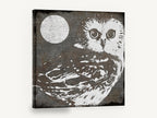 Moonlit Woodgrain Owl, owl and moon woodgrain illustration, animal canvas wall art print ready to hang