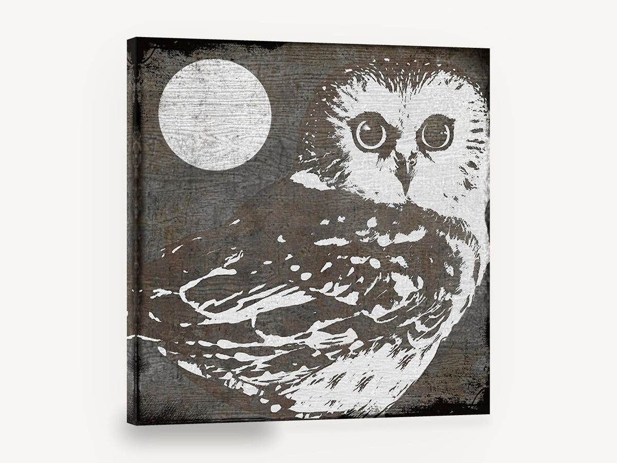 Moonlit Woodgrain Owl, owl and moon woodgrain illustration, animal canvas wall art print ready to hang