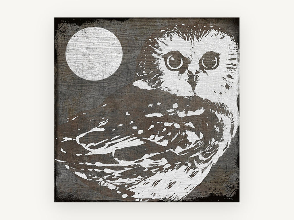 Moonlit Woodgrain Owl, owl and moon woodgrain illustration, animal canvas wall art print, front view